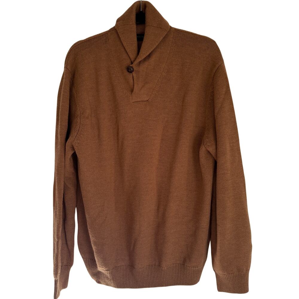Austin Reed Sz L Shawl Collar Merino Wool Sweater Camel Grandpa Soft Elbow Patch